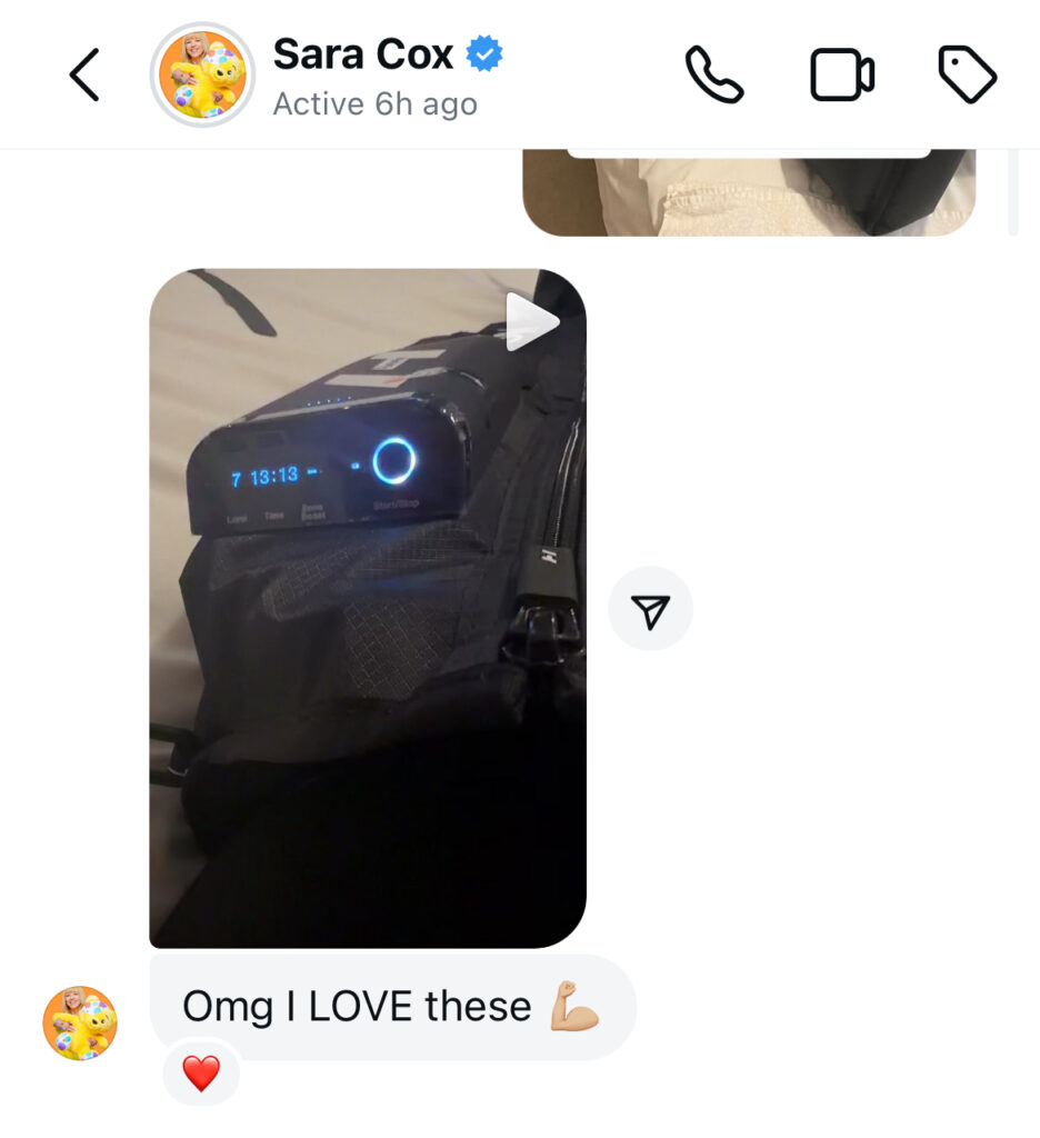 Sara Cox replying on instagram to Pro Sports Recovery declaring her love of the Normatec during her Great Northern Challenge for BBC Children In Need