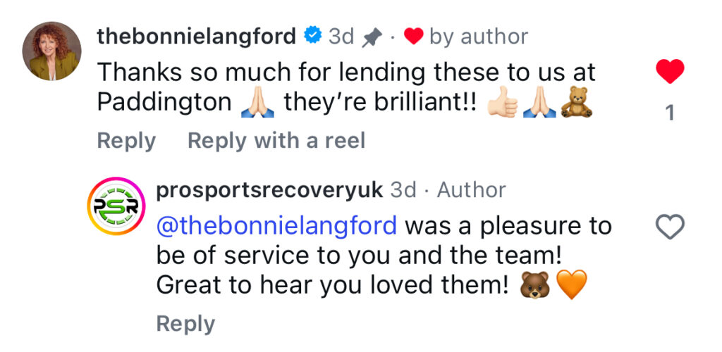 Bonnie Langford Instagram comment thanking Pro Sports Recovery for Normatec hire on Paddington the Musical