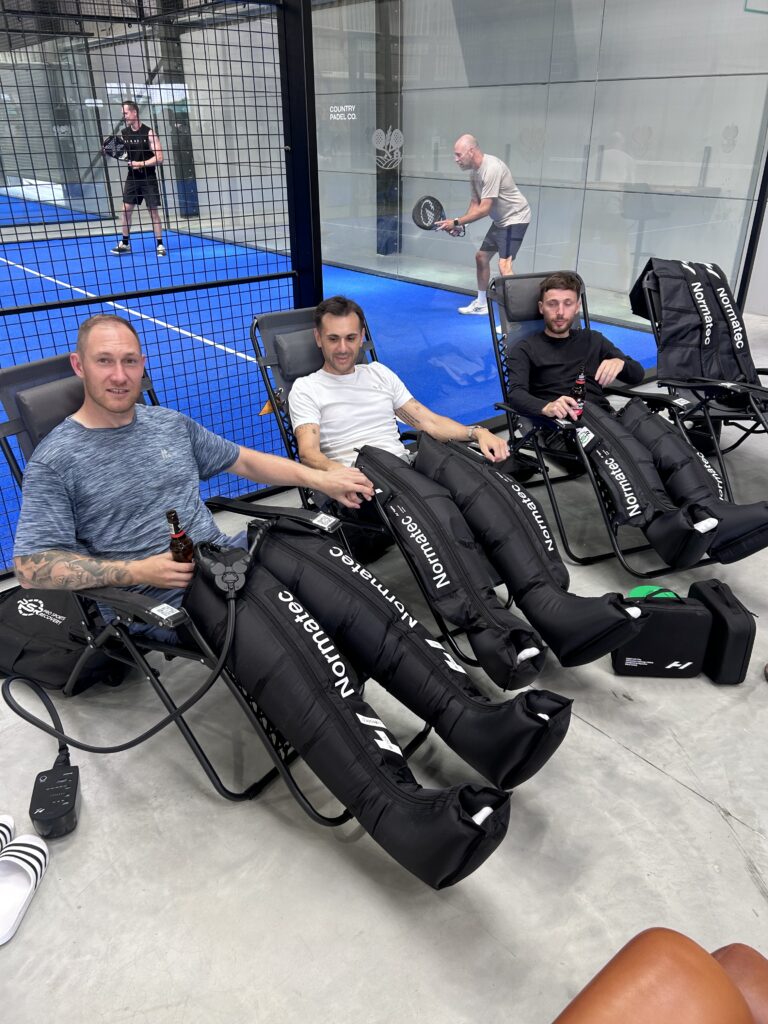 Pro Sports Recovery padel recovery zone with Normatec and Hyperice equipment in Hertfordshire